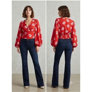 Boho Express Red Floral Print Balloon Sleeve Top V-Neck Size Medium